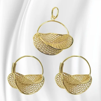 Изискан Дубай златни бижута комплект за жени, Стереоскопични обеци, пръстен и висулка, висококачествена Мед, подарък за Дамата-бижута