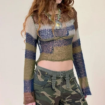 Жена пуловер с отворен гръб, пуловер, Секси жилетка с изрезки, вязаный на една кука, Раираната фланелка, Дамски шик Свободна градинска дрехи за всеки ден