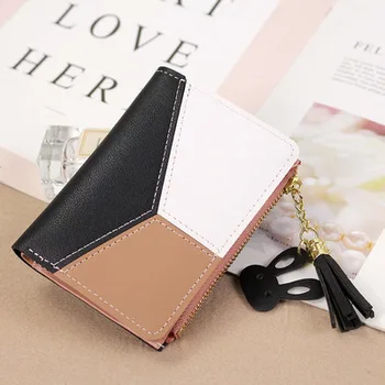 Нов модерен сладко в чантата си, кратък портфейл с цип за жени, студентки, корейски лоскутный цветен чантата с ресни, чанта за карта, в чантата, портфейла