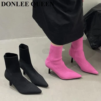 Есенни ботильоны 2023 г., дамски модни вечерни обувки-лодка от еластичен плат с остри пръсти на тънък ток, обувки без закопчалка, Маркови обувки с еластична пръсти