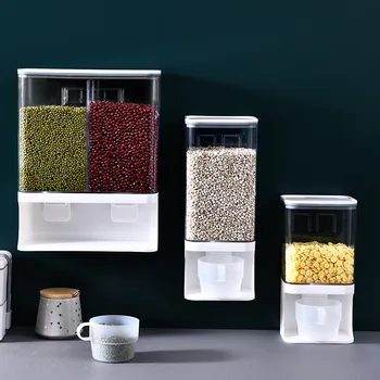 Диспенсер за сухи продукти, монтиран на стената Голяма кутия за съхранение на ориз, Разделени запечатан контейнер за зърнени зърна, Компактен Кухненски органайзер