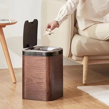 Творческа и интелигентна индукционное дървена кофа за боклук, битови автоматично електрическо голяма кофа за боклук с капак