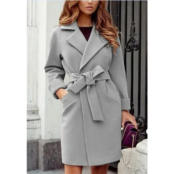 Есенно-зимни палта за жени, половин вълнени Дълги якета с отложным яка, тънък колан, бандажная връхни дрехи, палто