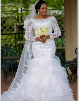 Сватбена рокля Бато Големи размери, Дантелено Сватбена рокля от Органза с дълъг ръкав, Сватбени рокли на Русалка, 2024