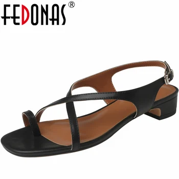 FEDONAS/Лаконичен дамски сандали с тясна лента, Ново записване, лято, Естествена кожа, ниски токчета, Ежедневни работна обувки за почивка, Дамски Базова