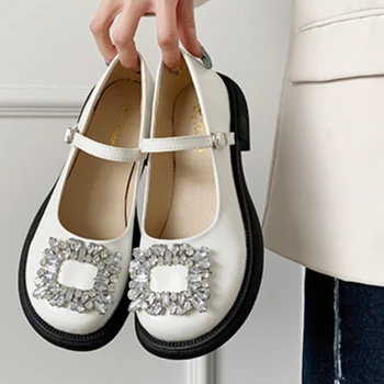 Пролетно новост 2023 г., самотен обувки Mary Jane с диаманти и фин пръсти върху плоска подметка, Малки кожени обувки, Ежедневни универсална дамски обувки