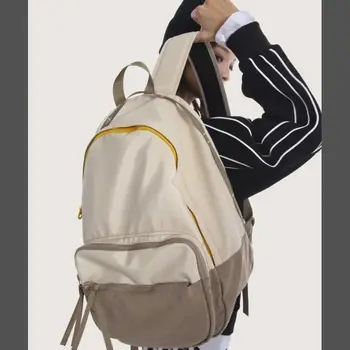 училищна чанта в японски цветен блок, ретро дизайн, с цип, Практични с високо качество, модерен индивидуалност, корея, подплатена дръжка