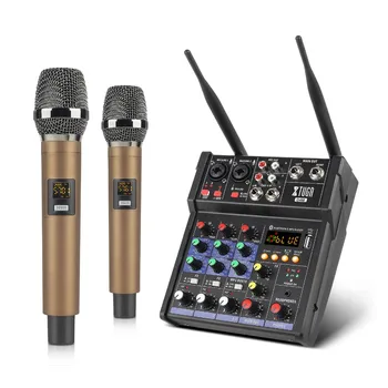 Професионален преносим UHF Двоен безжичен микрофон, смесител за вокални ефекти, DJ-конзола, Цифров Аудио музикален миксер с реверберацией