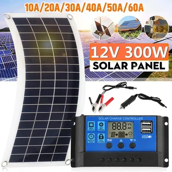 Комплект слънчеви панели с мощност 300 W, 12, USB контролер за зареждане на слънчева батерия, преносимо водоустойчив слънчеви батерии за телефона, колата, АВТОБУСА, MP3-таблет