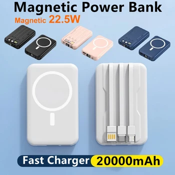 20000 ма Безжичен магнитен блок за захранване 22,5 W Portable Power Bank Type C Бързо зарядно устройство с Вграден кабел за батерията на iPhone Xiaomi