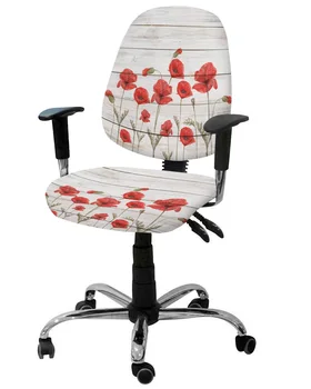 Дървена дъска с цвете Червен мак, Еластичен калъф за компютърен стол, Еластична, Подвижна чанта за офис стол, Разрязващи седалките
