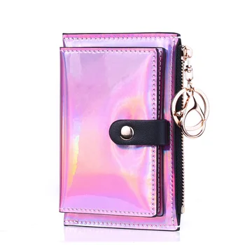 Луксозни Дамски кожени портфейли с лазерно повърхност, портфейл за карти, лилаво подарък, сладък студентски портмонета за момичета 2023