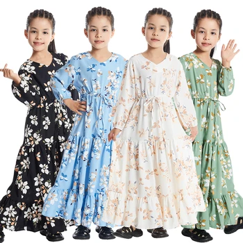 Облекло За мюсюлманските момичета с V-образно деколте и дълги ръкави, рокля с дължина до щиколоток с принтом, Арабски детски дрехи Абая за деца от 5-12 години