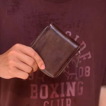 AETOO Ретро кратък портфейл от естествена кожа с цип, мъжки портфейл от телешка кожа растително дъбени, скрит в чантата си ръчно изработени персонализирани оферти с няколко карти