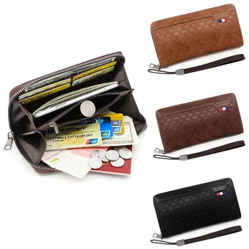 Дълъг мъжки портфейл с цип в европейски стил, модерен клатч от изкуствена кожа с релефни, Бизнес-портфейл с няколко карти с Голям капацитет