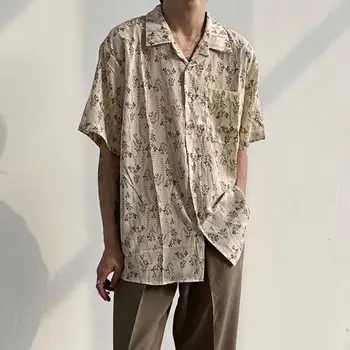 Мъжка риза с принтом, реколта мъжка лятна риза с флорална принтом, градинска облекло в стил хип-хоп, с къси ръкави, однобортная с ревери на копчета