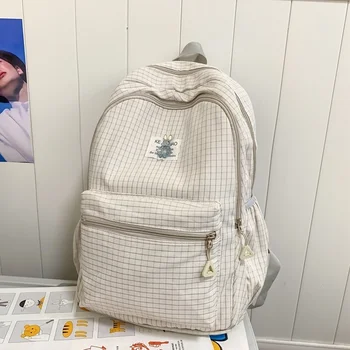 Сладък карирани раница за момичета, женски прости училищни чанти голям капацитет за тийнейджъри, дамски корея чанта за студенти Harajuku, Женствена чанта за книги