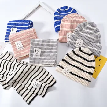 Есенно-зимна детска шапка, детски вязаный вълнен пуловер, шапка-шал, скъпа раирана шапка, зимна лигавник за момчета и момичета