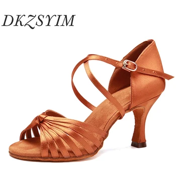DKZSYIM/ Женски танцови обувки за практикуване на латиноамериканскими танци, Бални Танго, Джаза, Танцови обувки с мека подметка, Сатен, цвят карамел, 7 цвята, ток 7,5 см