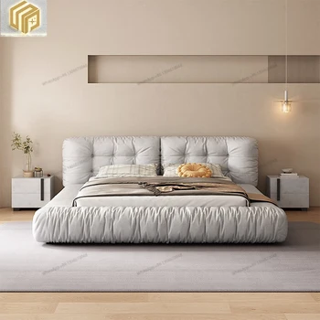 Домакински тъканно легло, модерна и лесна легло с тапицерия от матова тъкан, голямо двойно легло в спалнята