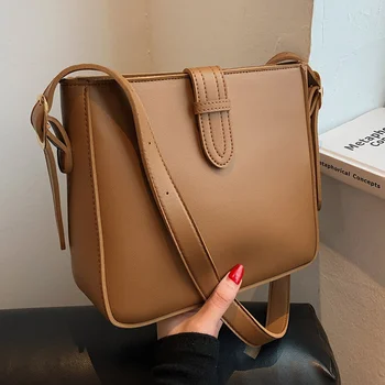 Меки квадратна чанта през рамо, дамски чанти на рамо, кафява кофа, чанта-месинджър от изкуствена кожа