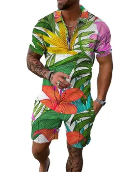 Мъжка тениска в Хавайски Стил, къси Панталони, Костюми Оверсайз, широки Дрехи Поло с цип с къс ръкав, Мъжки къси Панталони, Летен Комплект Дрехи