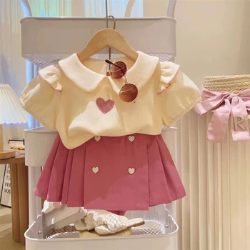 Комплекти дрехи за момиченца от 1 до 8 години, Летни Сладки бебешки тениски с бродерия във формата на сърце с къс ръкав + плисирани поли, детски дрехи от 2 теми