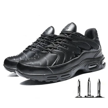 Черна защитни обувки, мъжки работни обувки със стоманени пръсти, леки амортизационен маратонки на въздушна възглавница, противоударные