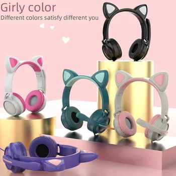 Led слушалки с кошачьими уши, Шумоподавляющая Bluetooth слушалки 5.0 За възрастни и деца, подкрепа TF карта, FM-радио с микрофон,, безжична жичен