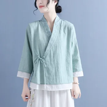 2023 женски традиционни китайски върховете hanfu с национална бродерия на цветя, свободна блуза с v-образно деколте, елегантен, ориенталски жилетка в ретро стил дзен
