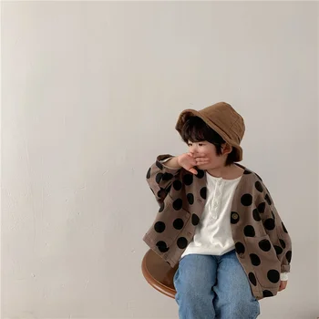 Пролет есен, детски свободни ежедневни жилетки в грах с дълъг ръкав, якета от лен в корейски стил за момчета, палта оверсайз оттон