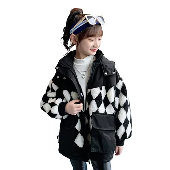Детски дрехи 2023, Зимно палто за момичета, модерен овце руно в доп клетка, Плюс флисовое утолщенное палто с памучна подплата