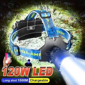 2023 най-новия, супер мощен 120 W led налобный фенер Type-c USB-фаровете на Далечни разстояния 1500 м Акумулаторна налобный лампа за къмпинг