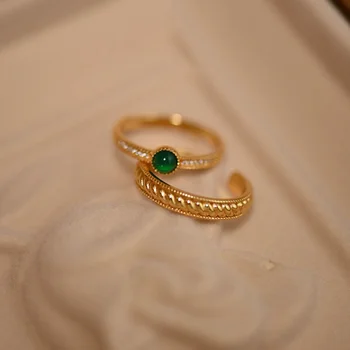 Леки луксозни завои перлени однорядные романтични пръстени за жени, Стари златни изделия Зелен ахат ретро елегантни бижута за подреждане