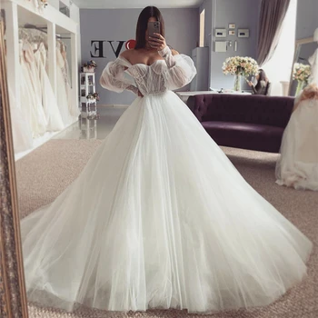 Прозрачни сватбени рокли в стил Бохо с дълги Буйни ръкав на Сватбена рокля Трапецовидна форма, Плажни Сватбени рокли от нежна Дантела 2023
