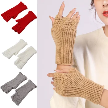 Дамски плетени калъф за ръкавици на полпальца, Зимни Топли плетени калъф за ръкавици с къс ръкав, Ръкавици с един пръст със сензорен екран, без отпечатъци