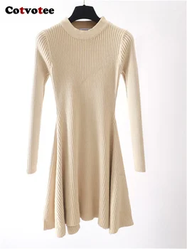 Женствена рокля-пуловер Cotvotee с кръгло деколте 2023, Есен-Зима, Ново Модно Винтажное рокля с дълъг ръкав, Обтягивающее Ежедневна рокля-пуловер