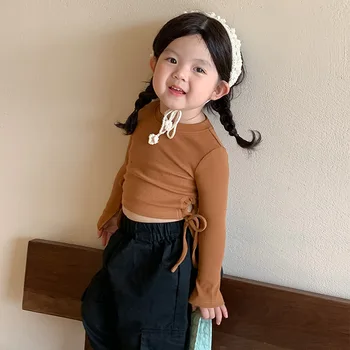 Детски дрехи, Детска тениска, на Новост на Есента 2023, Модни Однотонная майк в Корейски стил дантела, фланелка с дълъг ръкав за момичета
