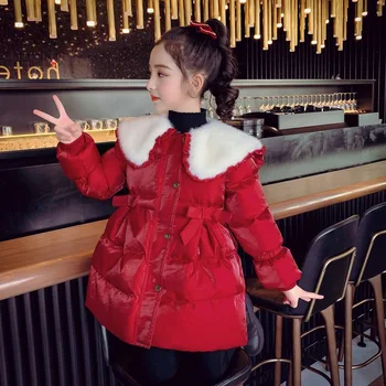 Памучен яке за момичета, Модни топло яке с голям ревера, зимни детски яке върху топола среден и голям размер