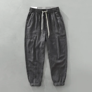 Мъжки модел, панталони от 100% лен, летни нови ежедневни свободни панталони с еластичен ластик на талията