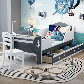 Двойно легло-платформа във формата на лодка, с две чекмеджета, Двойно легло с бюро и стол за вътрешни мебели, спални, бял + сив