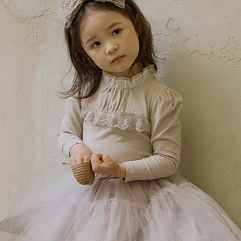 Детска тениска за момичета, новост есента 2023, корейски стил, модерен яка-часова, лейси ежедневни однотонная скъпа майк принцеса