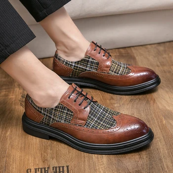 Мъжки Класически Обувки от естествена кожа, Реколта обувки-Oxfords, Офис рокля, Сватбена Бизнес ръчно изработени обувки с остър Пръсти от Брокат