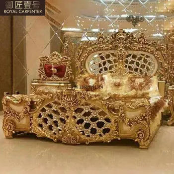 Луксозно легло от масивна дървесина е в европейски стил с дърворезба от златно фолио, придворная двойно легло 1,8 м, главна спалня, сватбена легло, вила