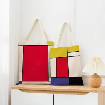 Mondrian Червена, Жълта, синя клетчатая чанта за пазаруване, Подарък чанта, Сгъваема Преносима женствена чанта за пътуване на открито