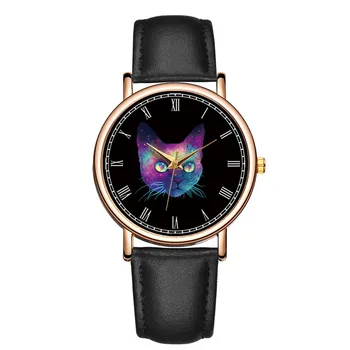 Модерен дамски часовник с цветен котка, кварцов часовник, дамски класически часовник с кръгла циферблат, Ежедневни дамски часовник