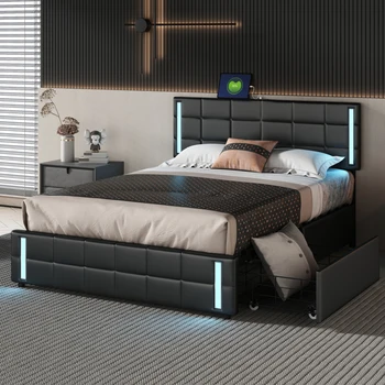 Легло-платформа с led подсветка и USB зареждане, легло за съхранение с 4 чекмеджета, черен