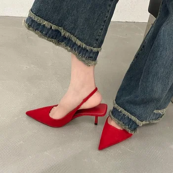 Дамски Пикантни червени сандали на висок ток, Ново 2023 г., Дамски летни сандали с джапанки, Удобни дамски сандали с остри пръсти, Модни обувки на висок ток