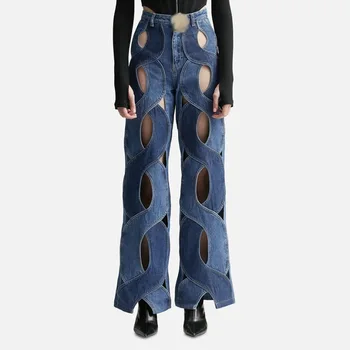 Модни Дамски дънки с изрезки, Есен 2024, Нови дизайнерски лоскутные Директни широки панталони с висока талия, в наличност