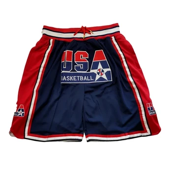 Баскетболни шорти на САЩ 1992 Dream Team С Бродерия, Спортни шорти на открито, високо качество на Плажни Панталони, Окото Вентилация, Бял Син